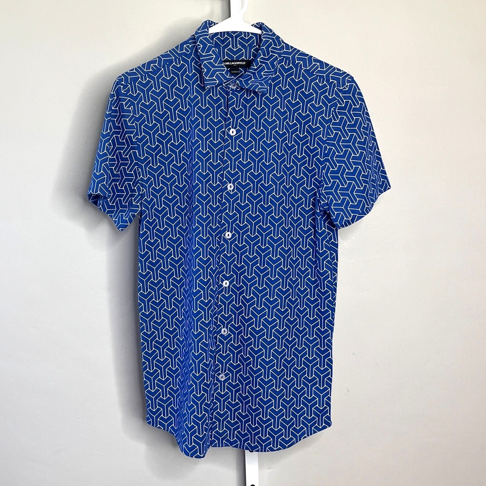 Karl Lagerfeld Paris Shirt Mens Button-Down 3D‎ Blue Block Print Art Deco Luxury
